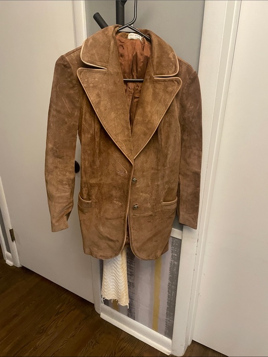 Jackets & Blazers - Brown Suede Long Jacket with Piping